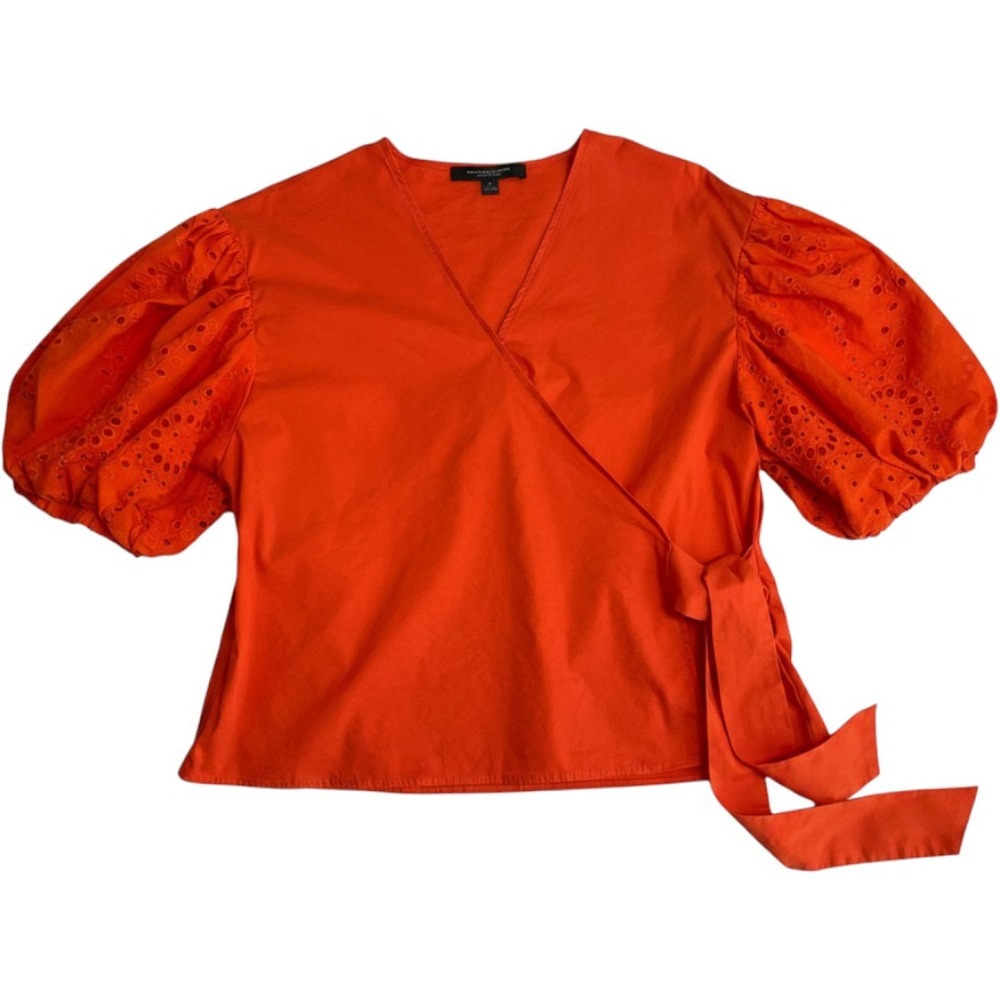 Marc New York Andrew Marc Orange‎ Cottagecore Eyelet Puff Sleeve Wrap Top Large